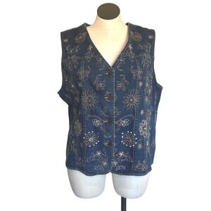 Vintage Denim Vest‎ Women XL Blue Floral Embroidered Beaded Button Front